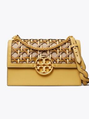TORY BURCH Yellow Leather Woven-Top Shoulder Bag